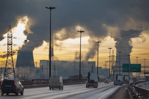 City road with cars and air pollution