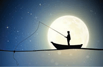 Fisherman in a boat silhouetted by the Moon.