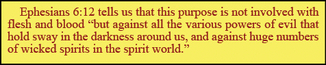 Ephesians 6:12 tells us that this purpose is not involved with flesh and blood “but against all the various powers of evil that hold sway in the darkness around us, and against huge numbers of wicked spirits in the spirit world.